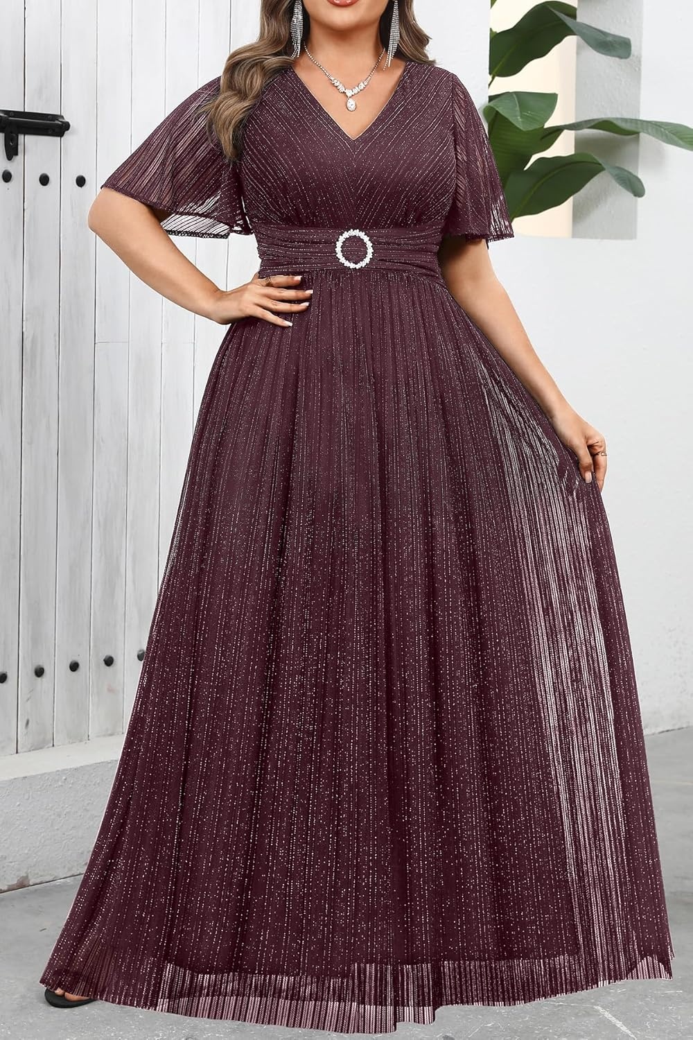 Plus Size Formal Dresses – Wedding Guest Evening Gown Sparkly Sequin Prom Gala Ball Maxi Dress with Short Sleeves(Burgundy Purple)