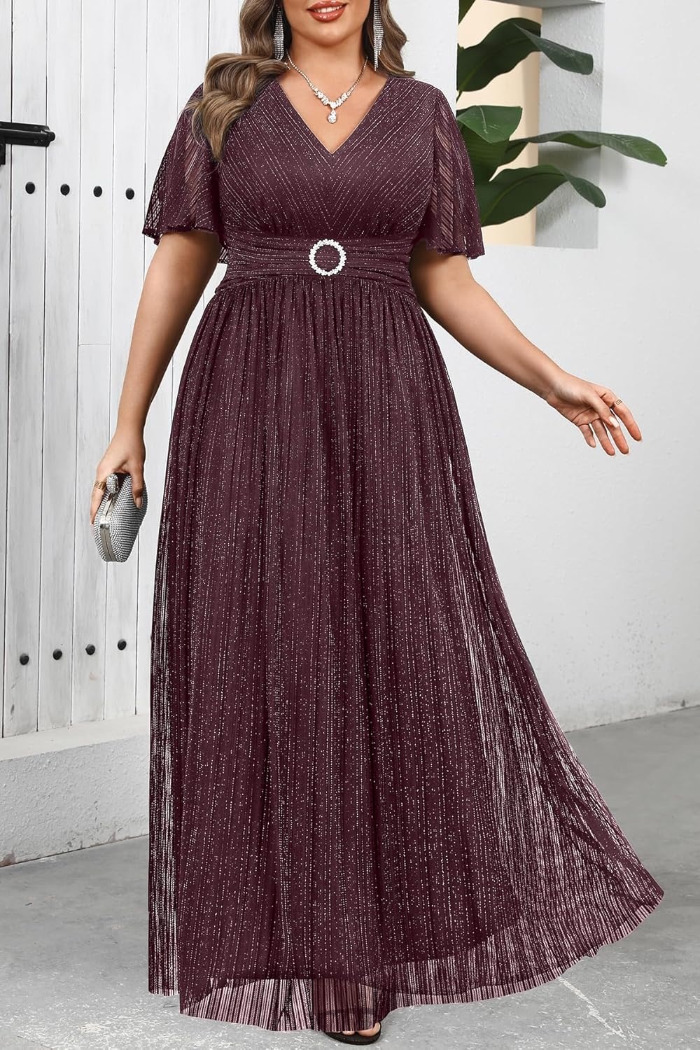 Plus Size Formal Dresses – Wedding Guest Evening Gown Sparkly Sequin Prom Gala Ball Maxi Dress with Short Sleeves(Burgundy Purple)