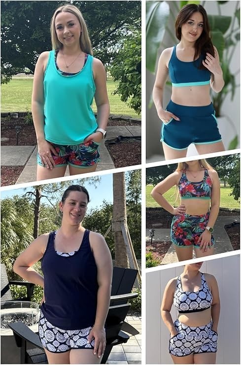 Talisea 3 Piece Tankini with Shorts – Modest Tankini Swimsuit Tummy Control Bathing Suits Athletic Swimwear with Pockets(Navy Geometry)