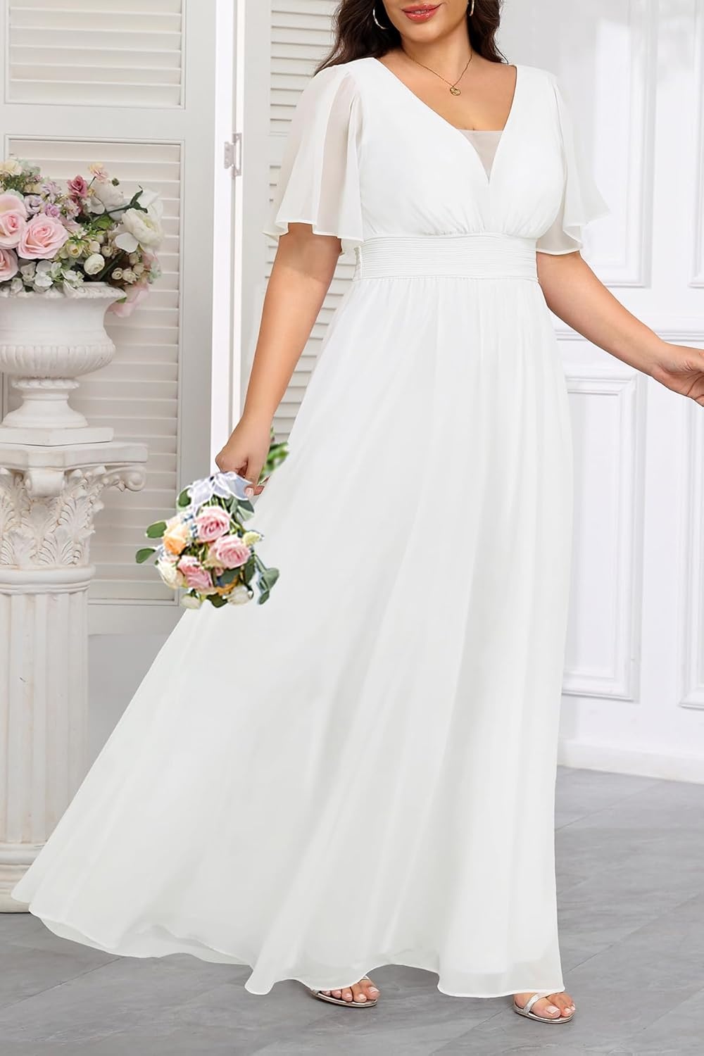 Talisea Plus Size Formal Dresses – V Neck Flutter Sleeves Evening Gowns Bridesmaid Wedding Guest Chiffon Long Maxi Dress(White)