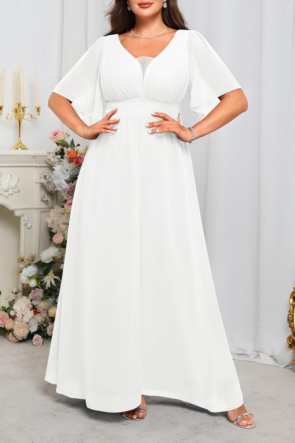 Talisea Plus Size Formal Dresses – V Neck Flutter Sleeves Evening Gowns Bridesmaid Wedding Guest Chiffon Long Maxi Dress(White)