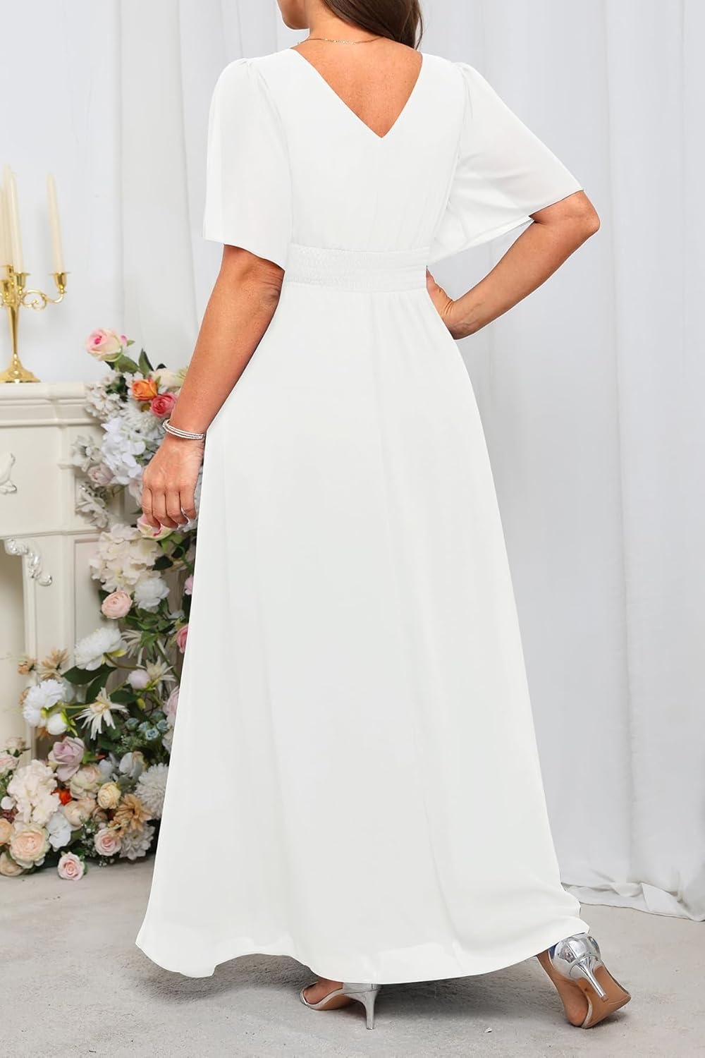 Talisea Plus Size Formal Dresses – V Neck Flutter Sleeves Evening Gowns Bridesmaid Wedding Guest Chiffon Long Maxi Dress(White)