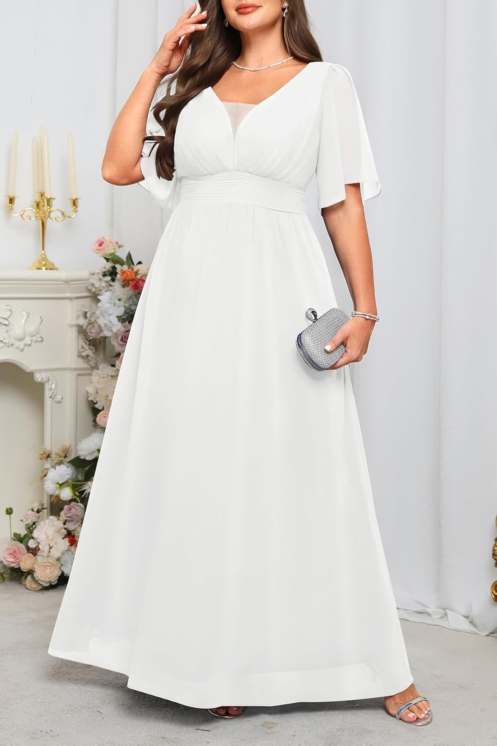 Talisea Plus Size Formal Dresses – V Neck Flutter Sleeves Evening Gowns Bridesmaid Wedding Guest Chiffon Long Maxi Dress(White)