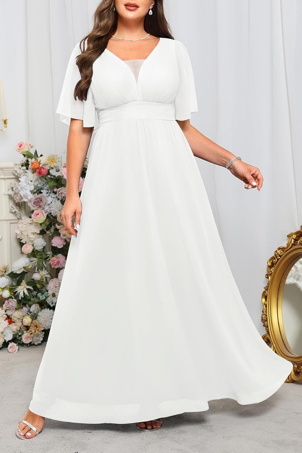 Talisea Plus Size Formal Dresses – V Neck Flutter Sleeves Evening Gowns Bridesmaid Wedding Guest Chiffon Long Maxi Dress(White)