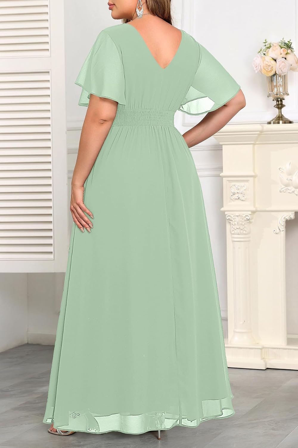 Plus Size Formal Dress Wedding Guest Chiffon V Neck Ruffle Long Dress Women(Sage Green)