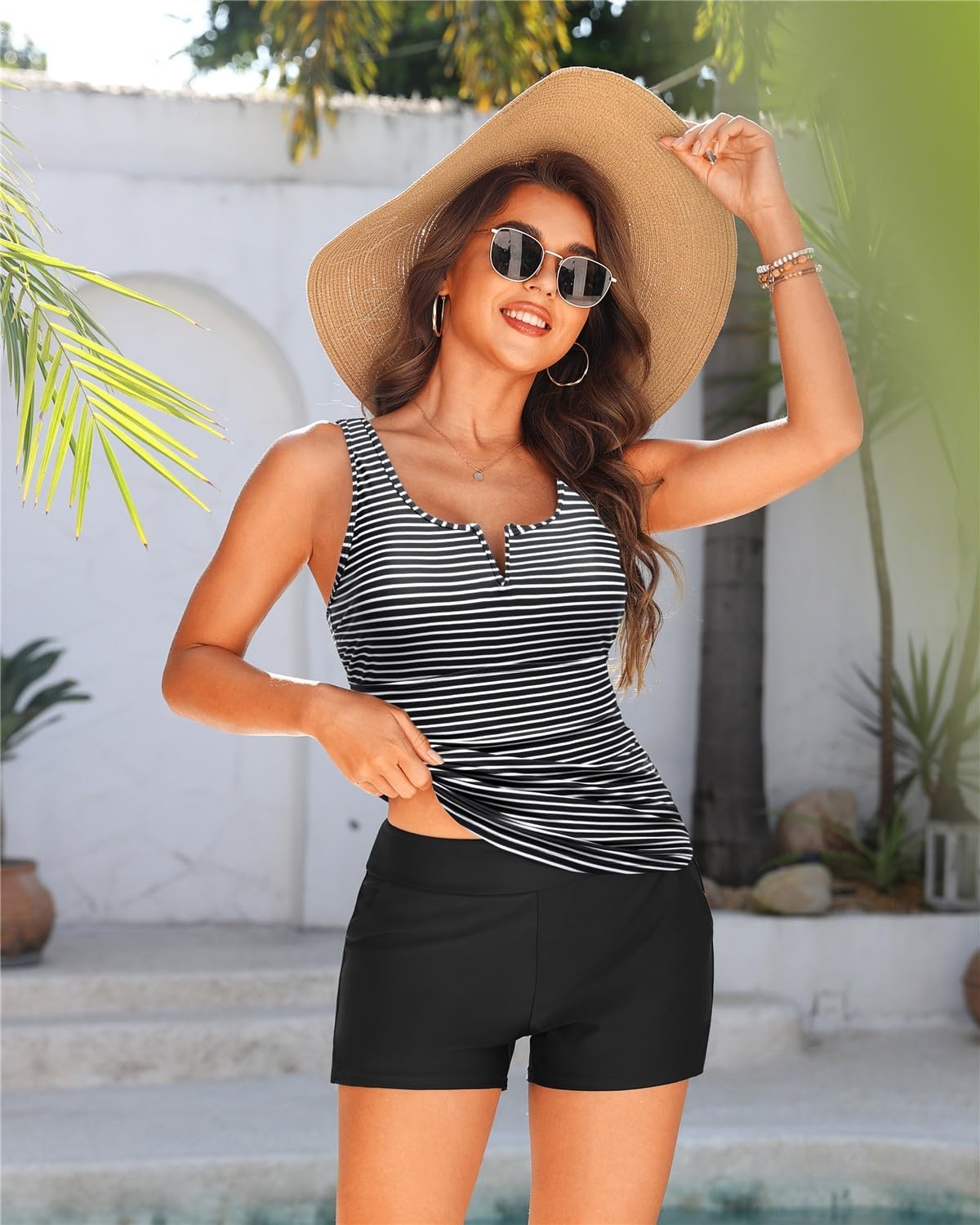 Talisea Tankini Two Piece with Shorts – Womens Tummy Control Swimsuit with Pockets Bathing Suit with V-Wire Boy Shorts(Striped)