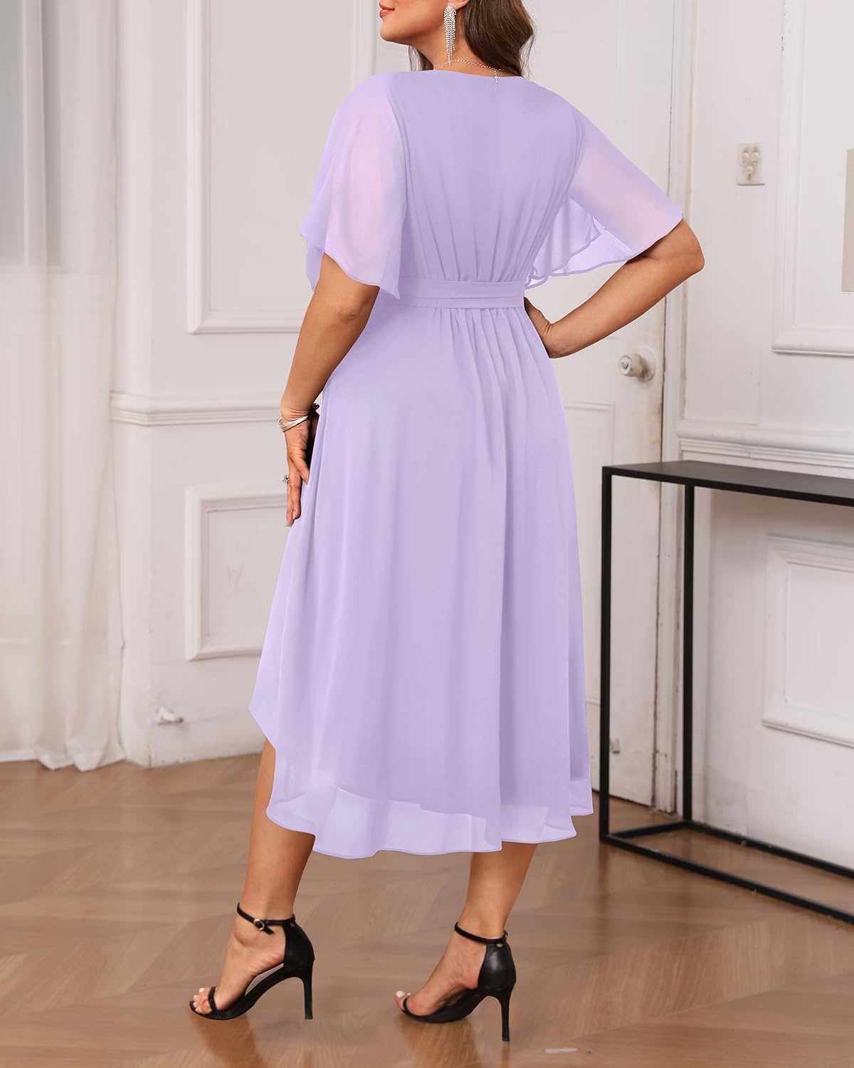 Plus Size Dresses Wedding Guest Formal Chiffon Short Sleeve High Low Dress(Lavender)