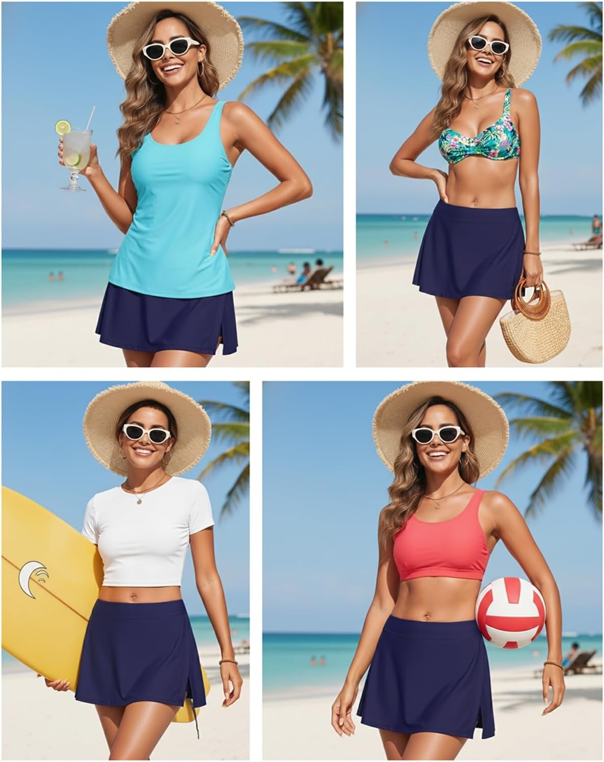 Womens Mid Rise Swim Skirt – Bathing Suit Skirt with Built-in Shorts Split Skort Swimsuit Bottoms Swimwear 2025(Navy Blue)