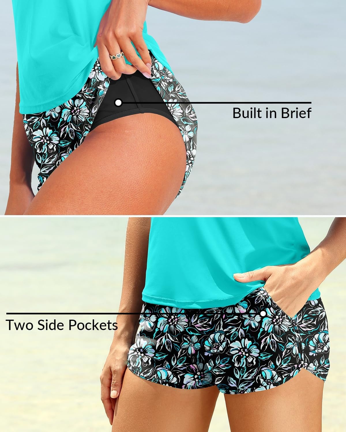 Talisea Women 2 Piece Tankini Swimsuit with Pockets Boy Shorts Modest Bathing Suit Tummy Control Tank Top(Green Floral)