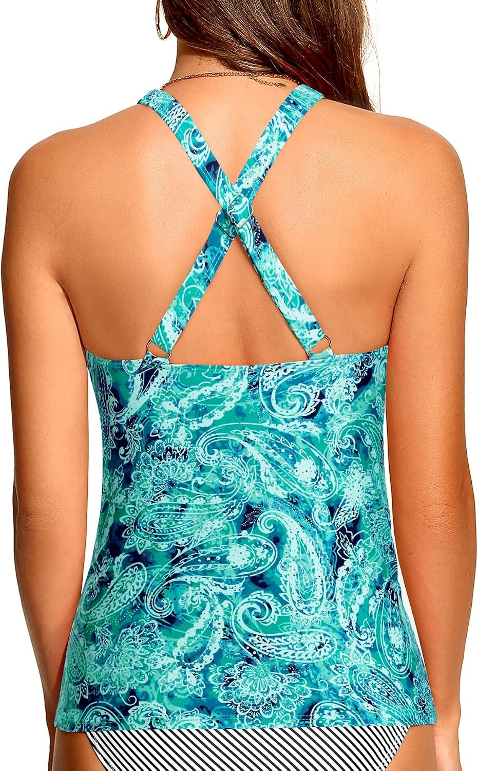 Tummy Control Tankini Top Only – Women Twist V Neck Swim Tops Criss Cross Swimsuit Bathing Suit Top 2025(Green Paisley)