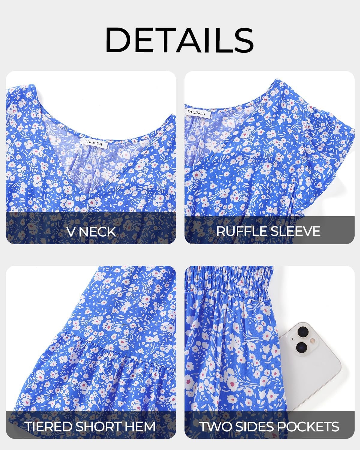Talisea Womens Plus Size Summer Dress – Casual Beach Floral Print V Neck Ruffle Sleeve Flowy Short Sundress with Pockets(Blue Floral)