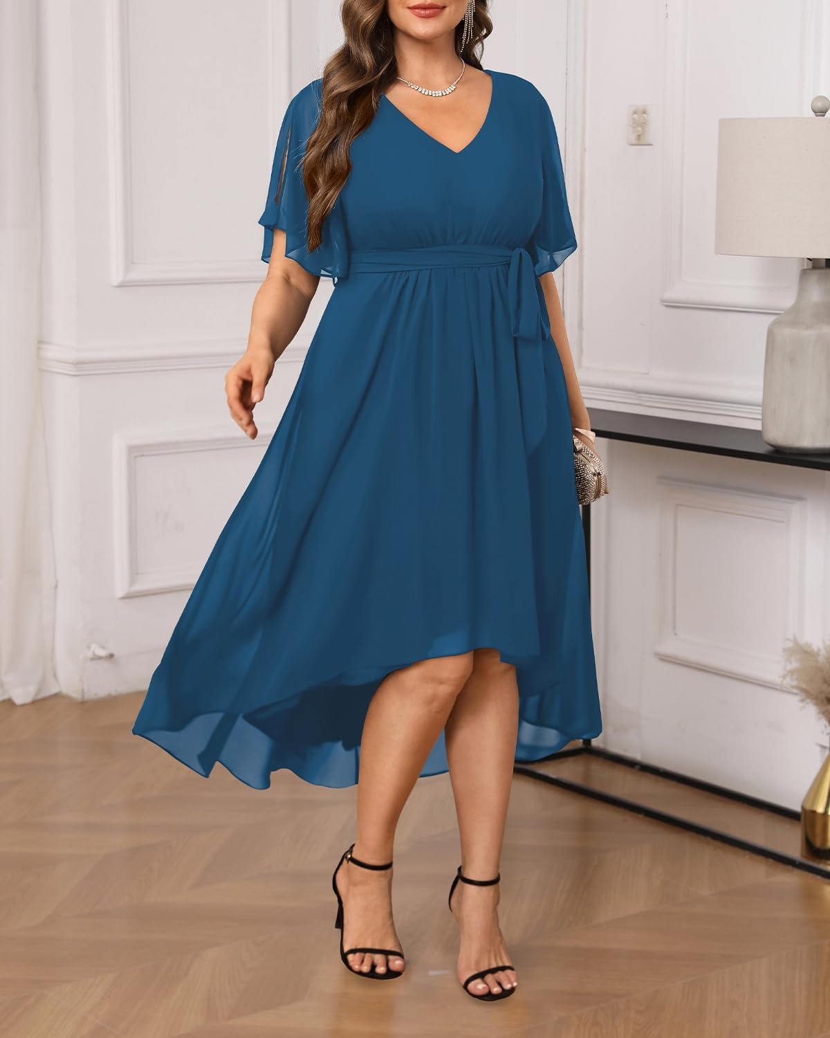 Plus Size Dresses Wedding Guest Formal Chiffon Short Sleeve High Low Dress(Teal)