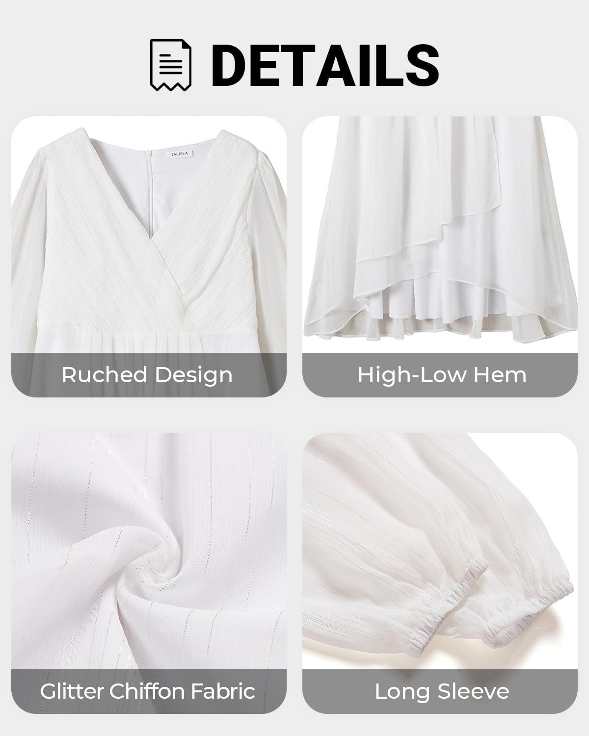 Talisea Plus Size Cocktail Dress – Formal Wedding Guest Fall Long Sleeve A Line Pleated V Neck Midi Dresses for Curvy Women(White)