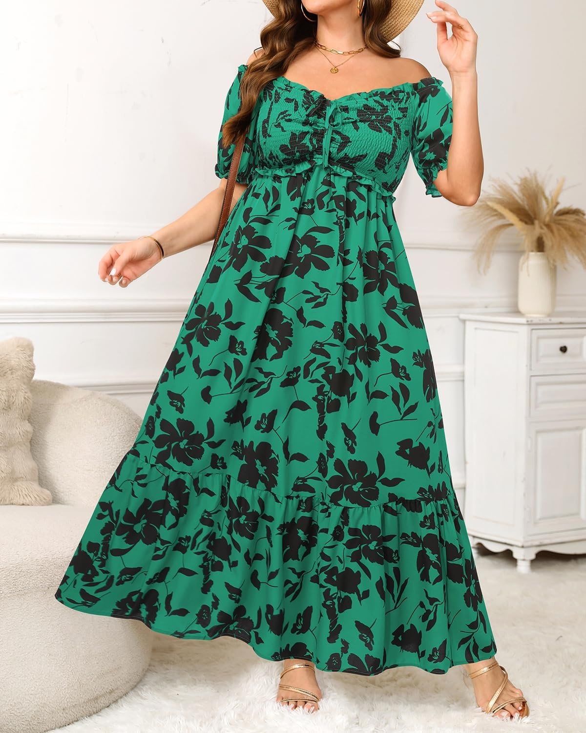 Plus Size Summer Dresses Off the Shoulder Boho Maxi A Line Long Dress Women(Green Floral)