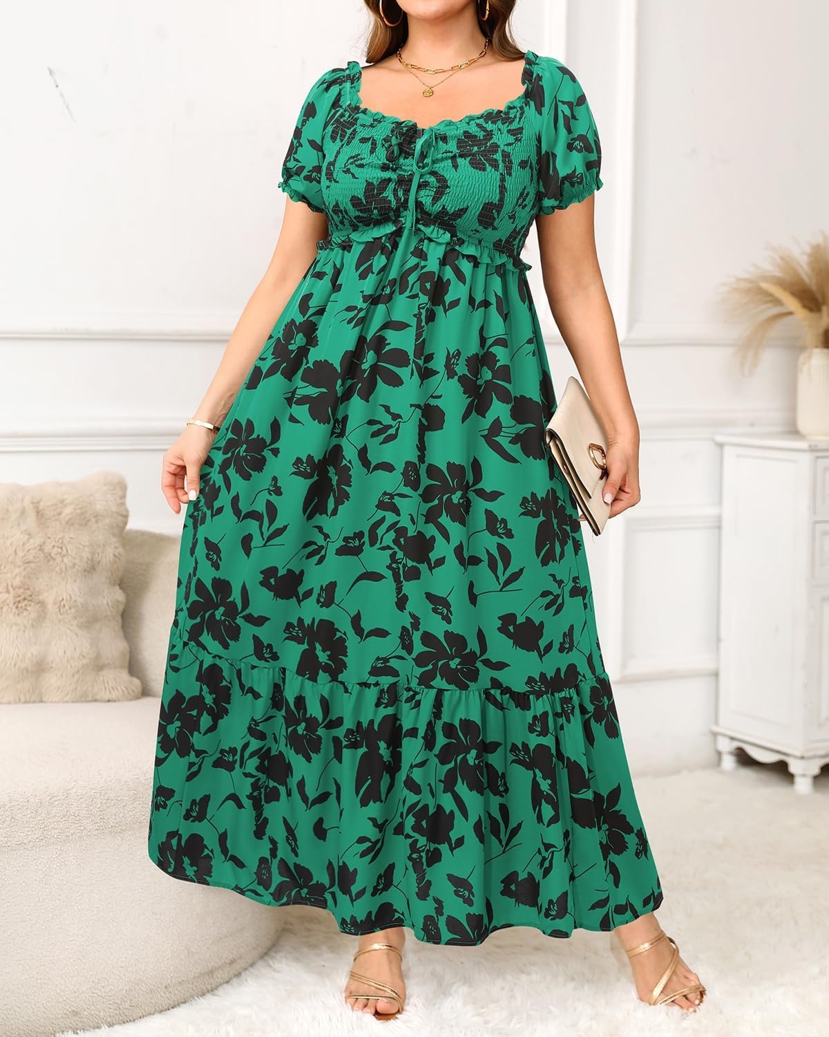 Plus Size Summer Dresses Off the Shoulder Boho Maxi A Line Long Dress Women(Green Floral)