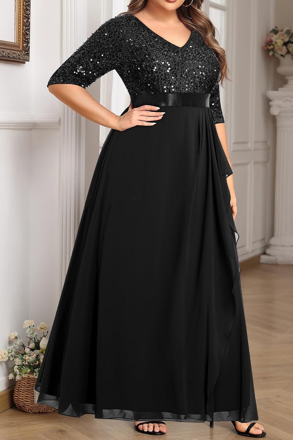Talisea Women Plus Size Sequin Formal Evening Gown V-Neck Ruffle Maxi Dress(Black)