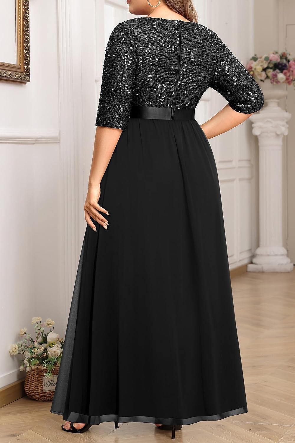 Talisea Women Plus Size Sequin Formal Evening Gown V-Neck Ruffle Maxi Dress(Black)