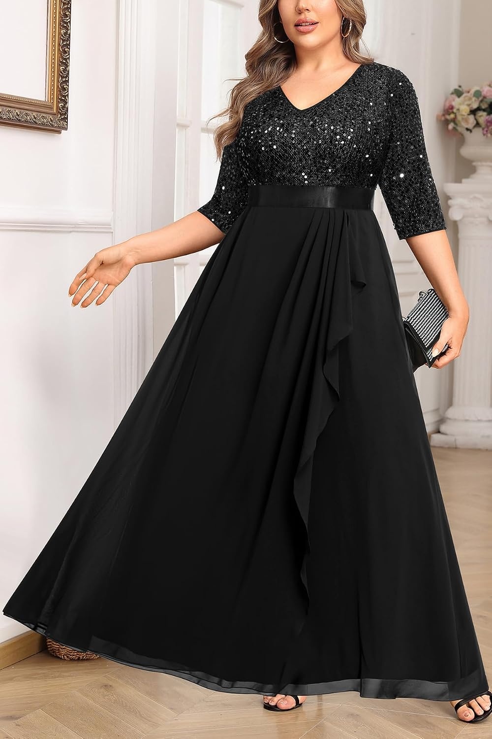 Talisea Women Plus Size Sequin Formal Evening Gown V-Neck Ruffle Maxi Dress(Black)