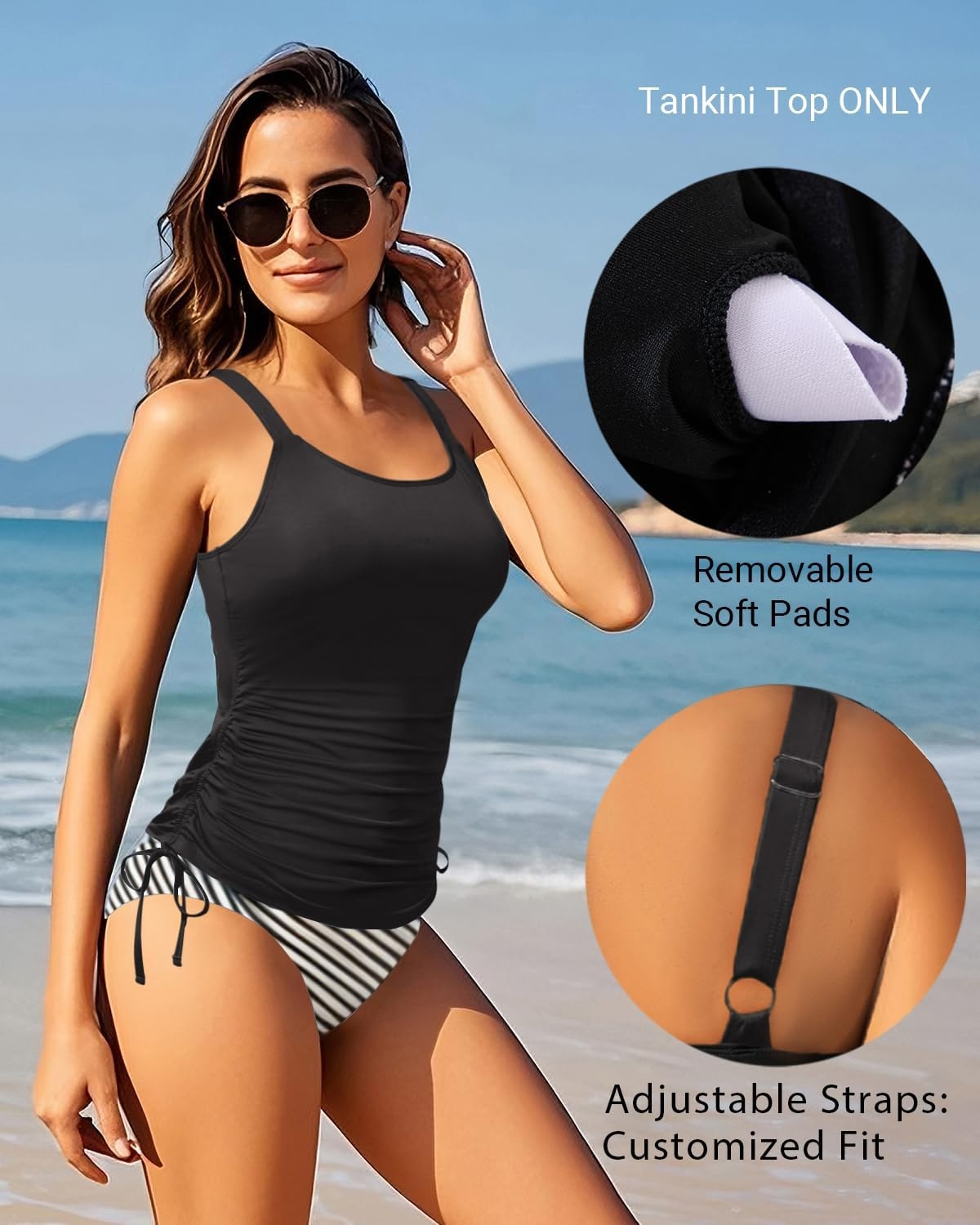 Women Tankini Top Only – Tummy Control Bathing Suit Top 2025 Modest Swim Tank Top Swimsuits No Bottom(Black)