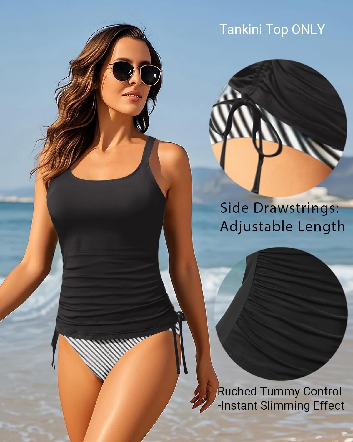 Women Tankini Top Only – Tummy Control Bathing Suit Top 2025 Modest Swim Tank Top Swimsuits No Bottom(Black)