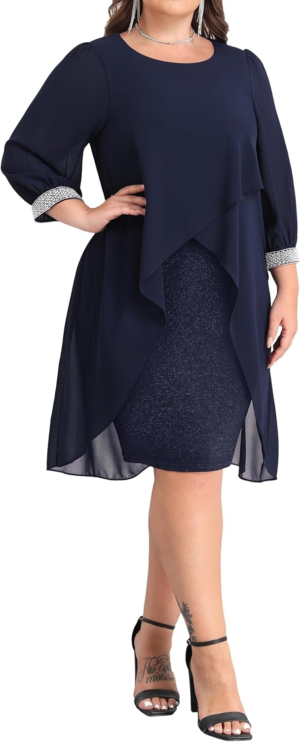 Talisea Plus Size Cocktail Dress – Elegant Chiffon Cape 3/4 Sleeves Glitter Evening Party Wedding Guest Dresses Women Formal(Navy Blue)