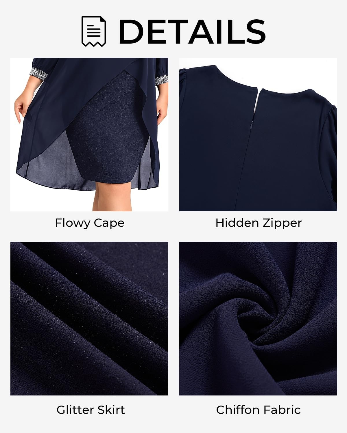 Talisea Plus Size Cocktail Dress – Elegant Chiffon Cape 3/4 Sleeves Glitter Evening Party Wedding Guest Dresses Women Formal(Navy Blue)