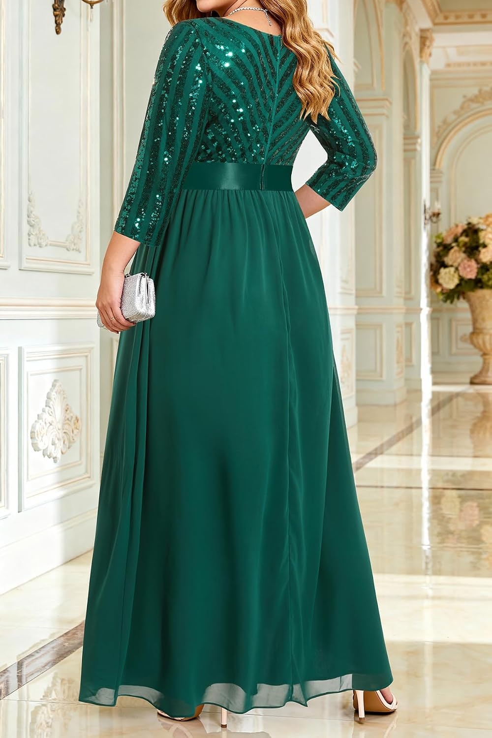 Plus Size Formal Dresses V Neck 3/4 Sleeve Sequin Prom Evening Maxi Dress(Green)