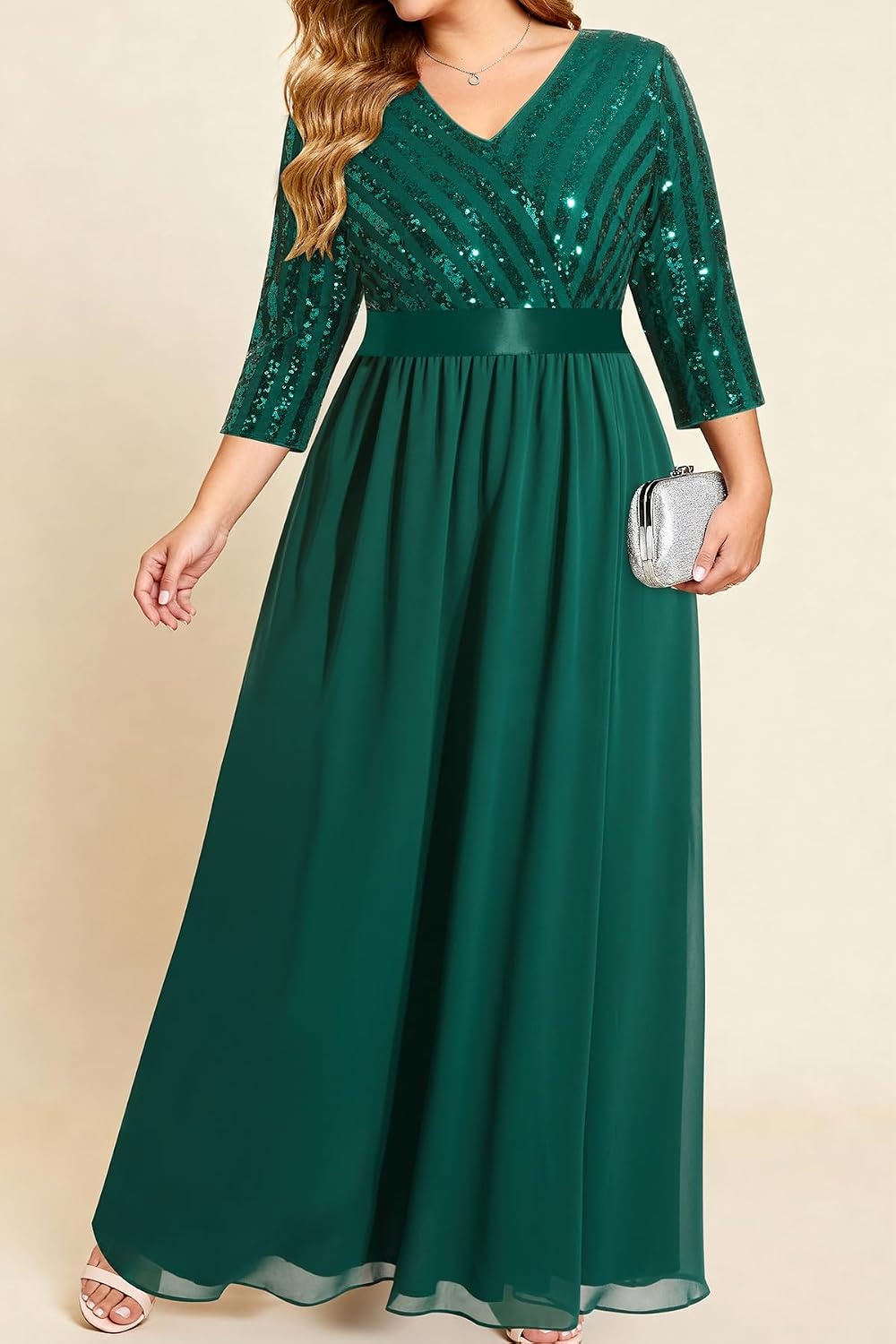 Plus Size Formal Dresses V Neck 3/4 Sleeve Sequin Prom Evening Maxi Dress(Green)