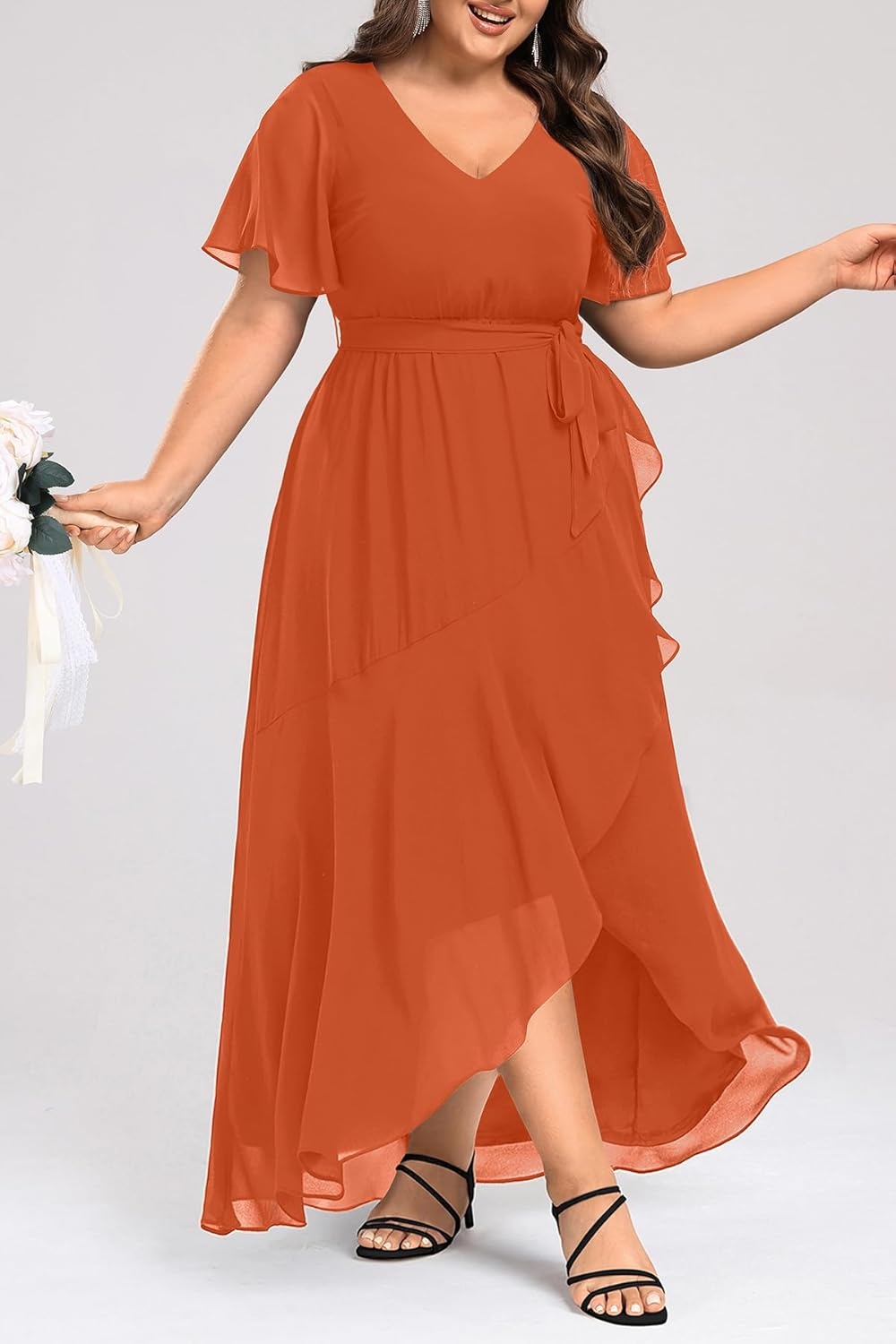 Talisea Womens Plus Size Long Dress Chiffon High Low Split Ruffle Evening Bridesmaid Wedding Guest Formal Maxi Dresses(Burnt Orange)