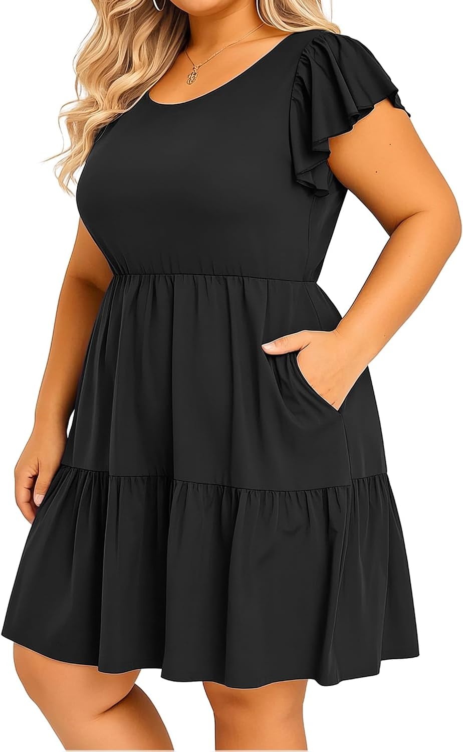 Talisea Women’s Plus Size Casual Summer Tiered Flutter Sleeve Swing Short Babydoll Dress with Pockets(Black)