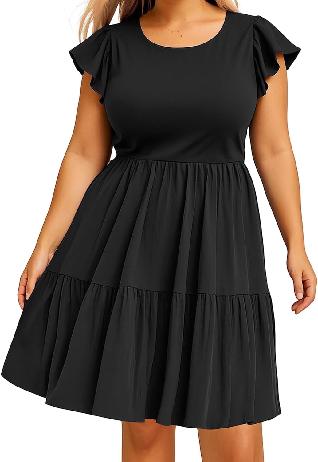 Talisea Women’s Plus Size Casual Summer Tiered Flutter Sleeve Swing Short Babydoll Dress with Pockets(Black)