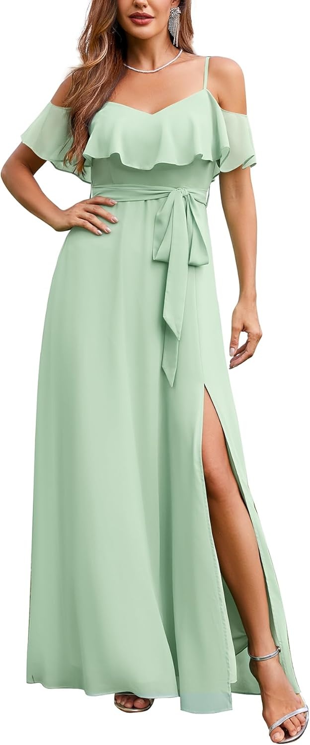 Formal Dresses for Women – Off the Shoulder Wedding Guest Bridesmaid Prom Chiffon Flowy Split A-Line Long Dress(Sage Green)