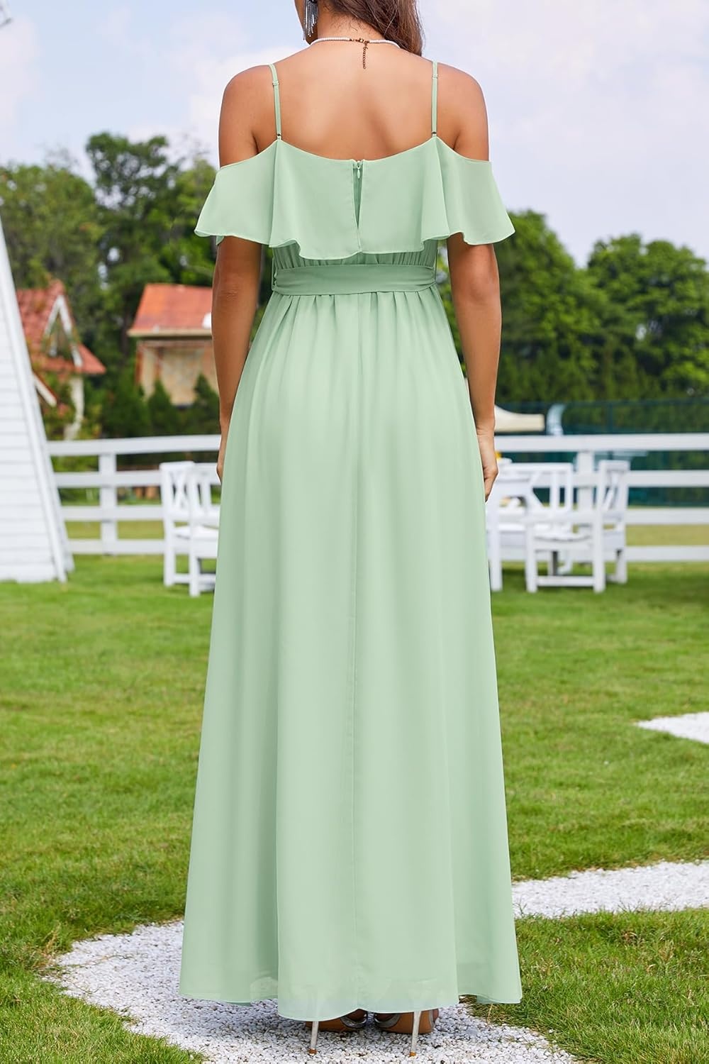 Formal Dresses for Women – Off the Shoulder Wedding Guest Bridesmaid Prom Chiffon Flowy Split A-Line Long Dress(Sage Green)