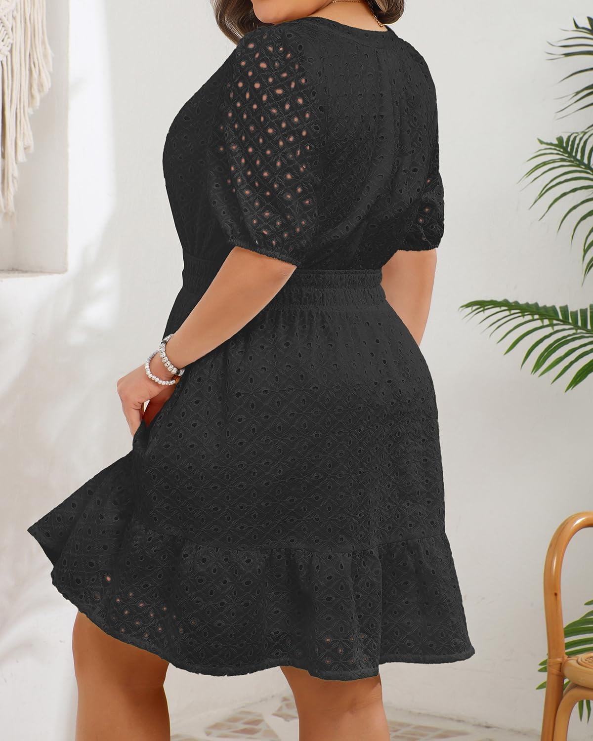 Womens Plus Size Summer Dresses – Hollow Out Eyelet Lace Ruffle Aline Short Graduation Dress for Beach Vacation Party(Black)