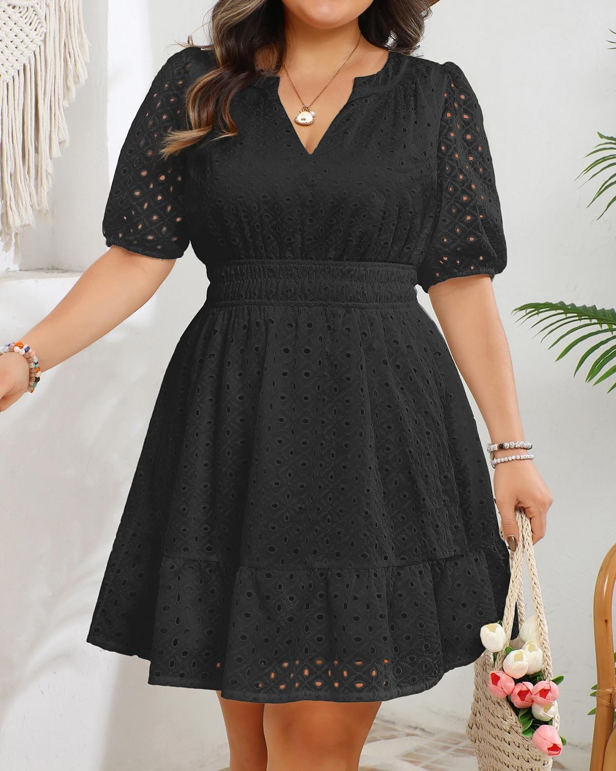 Womens Plus Size Summer Dresses – Hollow Out Eyelet Lace Ruffle Aline Short Graduation Dress for Beach Vacation Party(Black)