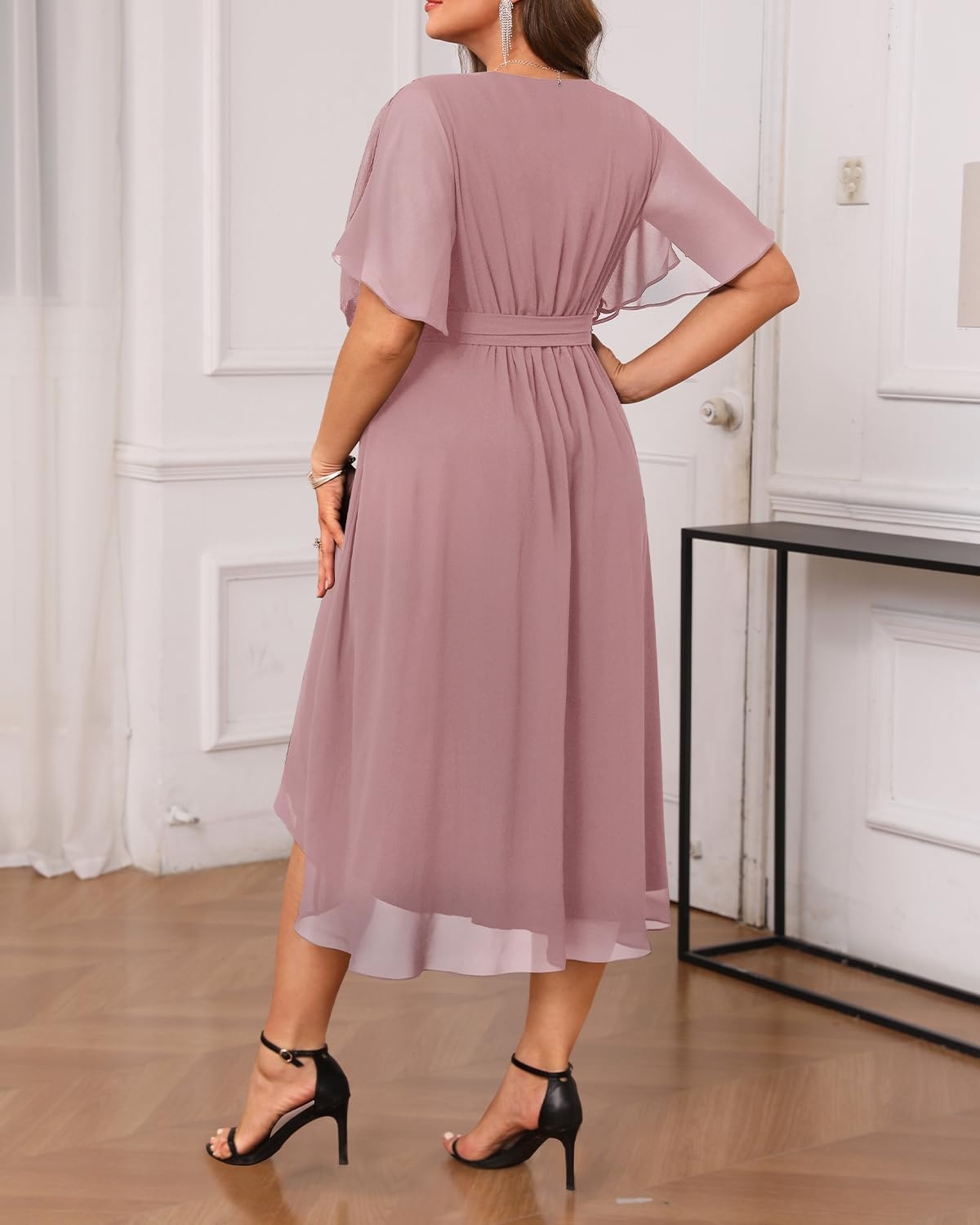 Talisea Plus Size Dresses Wedding Guest – Formal Cocktail Chiffon V Neck Short Sleeve High Low Dress Curvy Women(Dusty Pink)