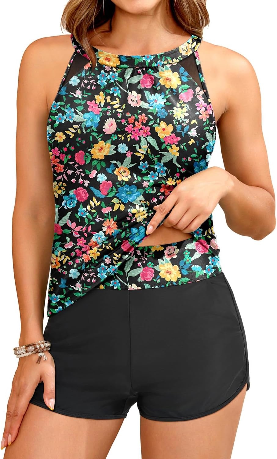 Tankini Bathing Suits with Shorts – High Neck Tankini Swimsuits Two Piece with Two Side Pockets Tummy Control Swimwear 2025(Colorful Floral)