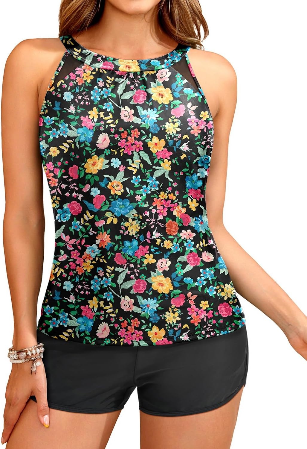 Tankini Bathing Suits with Shorts – High Neck Tankini Swimsuits Two Piece with Two Side Pockets Tummy Control Swimwear 2025(Colorful Floral)