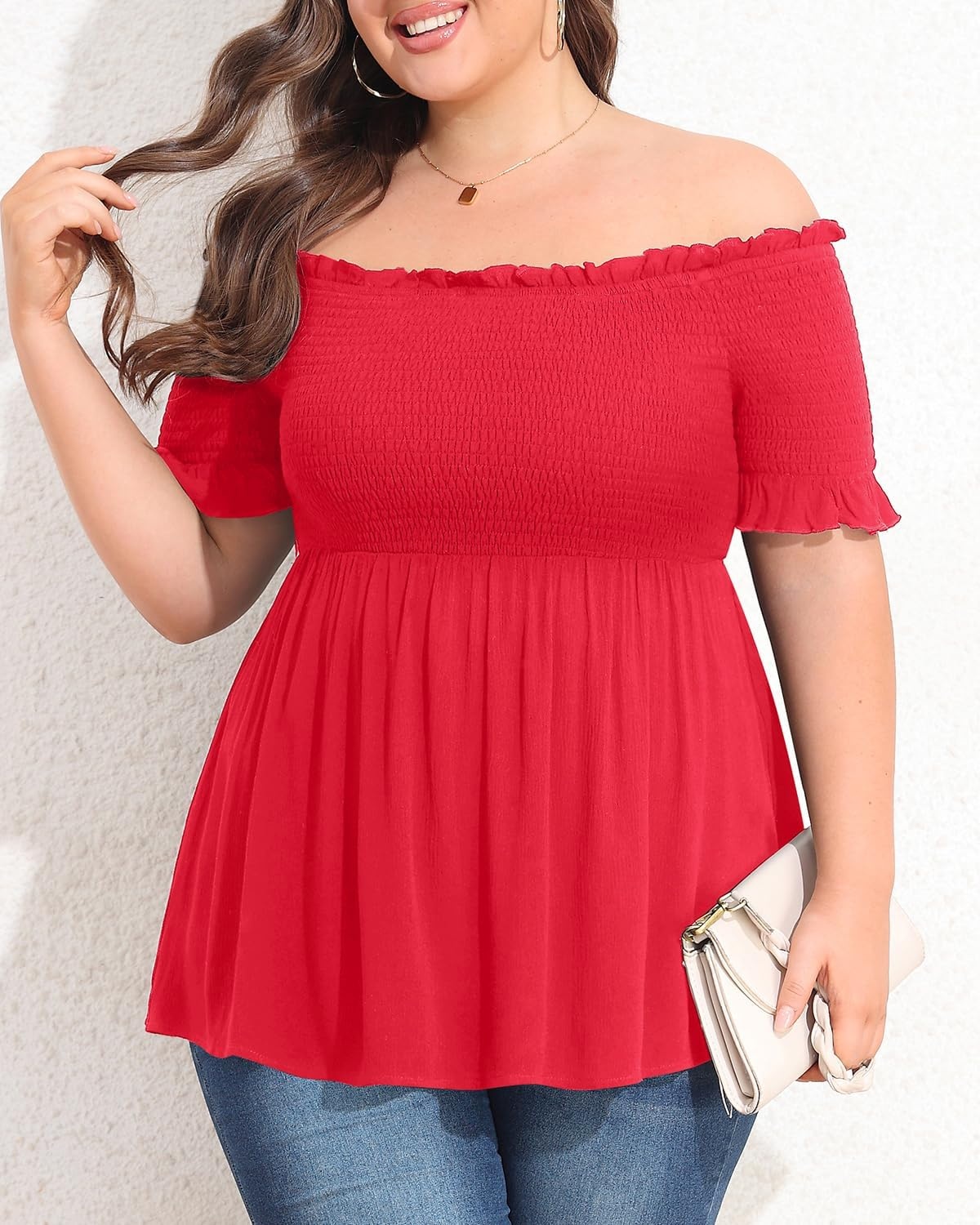 Plus Size Off The Shoulder Tops Summer Short Sleeve Smocked Baby Doll Shirt Tunic Blouse