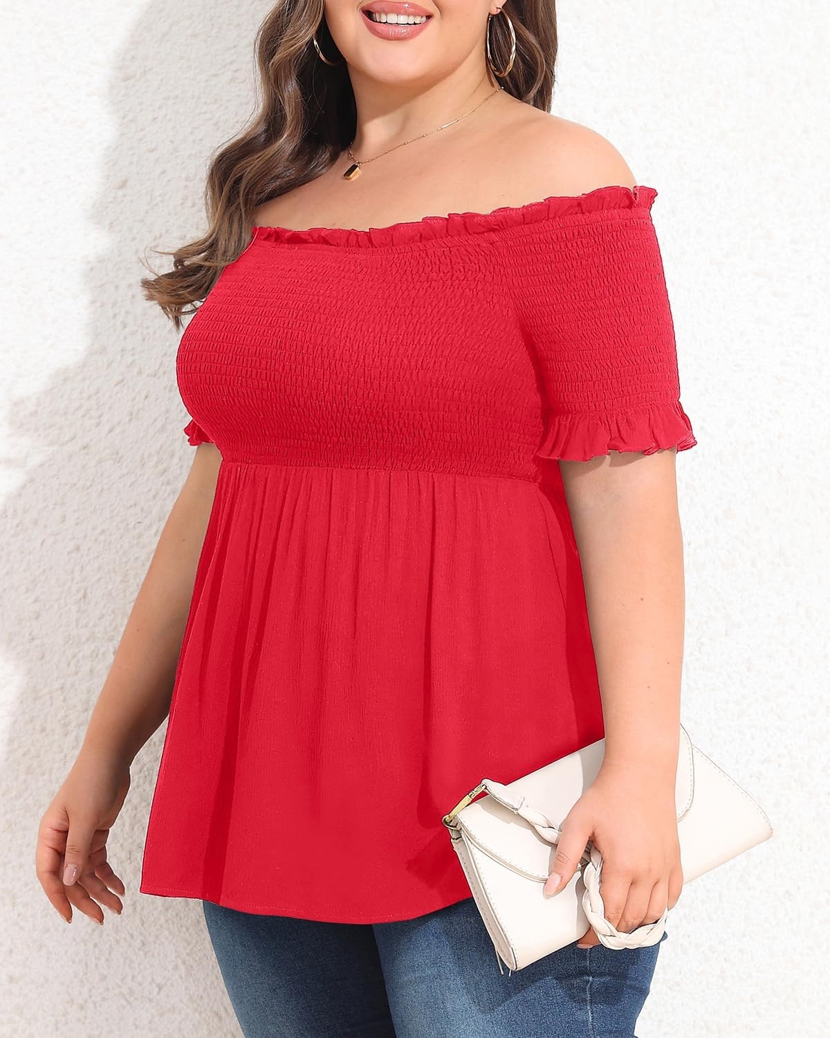 Plus Size Off The Shoulder Tops Summer Short Sleeve Smocked Baby Doll Shirt Tunic Blouse
