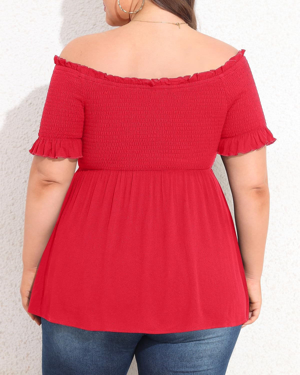 Plus Size Off The Shoulder Tops Summer Short Sleeve Smocked Baby Doll Shirt Tunic Blouse
