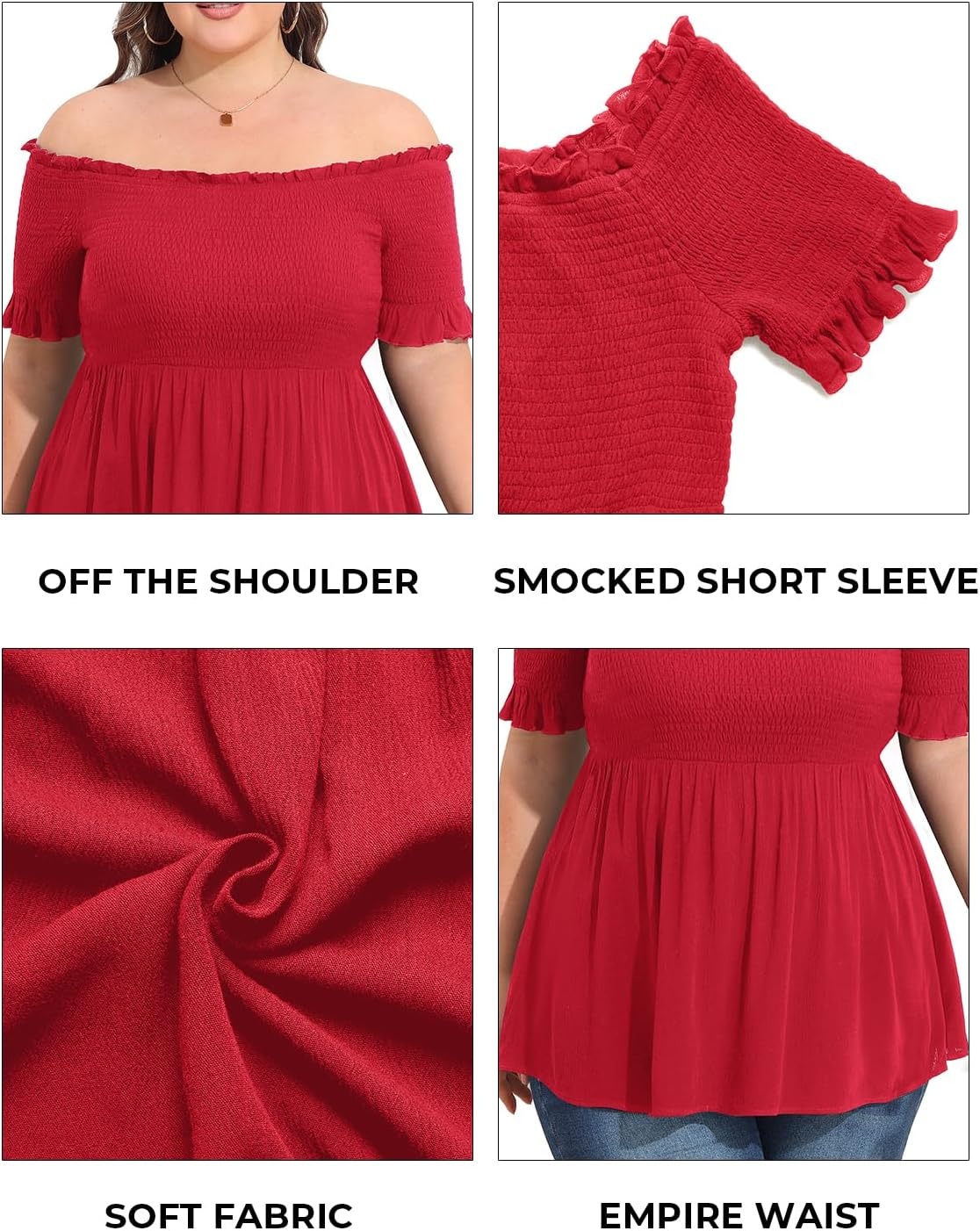 Plus Size Off The Shoulder Tops Summer Short Sleeve Smocked Baby Doll Shirt Tunic Blouse
