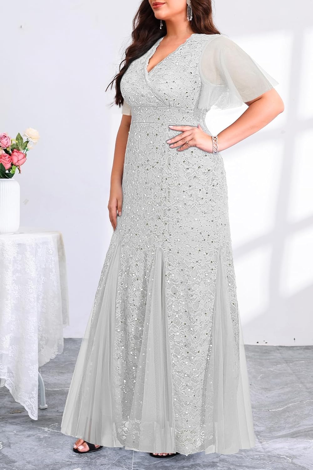 Plus Size Formal Dress – Evening Gowns Wedding Guest Mother of The Bride Sequin Lace Mermaid Tulle Hem Prom Long Dress(Grey)
