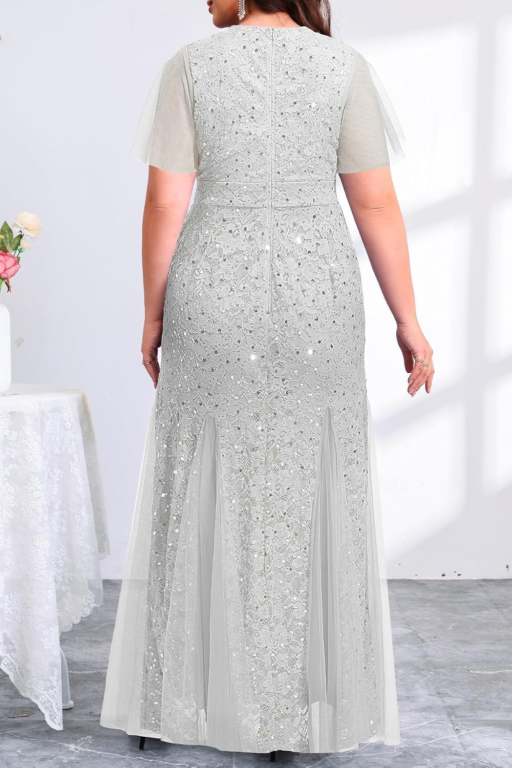 Plus Size Formal Dress – Evening Gowns Wedding Guest Mother of The Bride Sequin Lace Mermaid Tulle Hem Prom Long Dress(Grey)