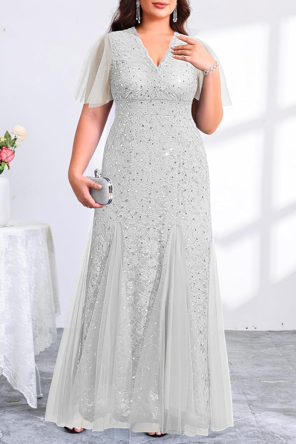 Plus Size Formal Dress – Evening Gowns Wedding Guest Mother of The Bride Sequin Lace Mermaid Tulle Hem Prom Long Dress(Grey)