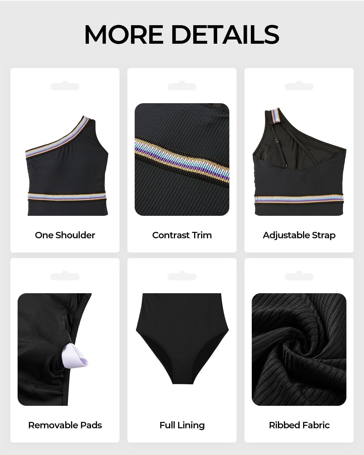 Talisea One Shoulder One Piece Swimsuits – Women Tummy Control Bathing Suit with Tie Knot Swimwear Full Coverage(Black With Colorful Trim)