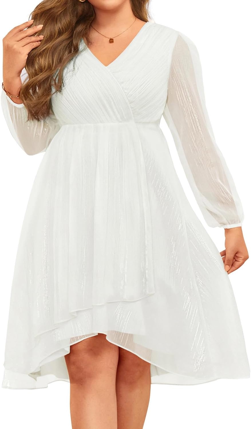 Plus Size Wedding Guest Dress – Formal Long Sleeve A Line V Neck Midi Dress | Formal fall wedding guest dress, cocktail sparkle dress, A-line pleated midi style with long sleeves & V-neck for women.(White)