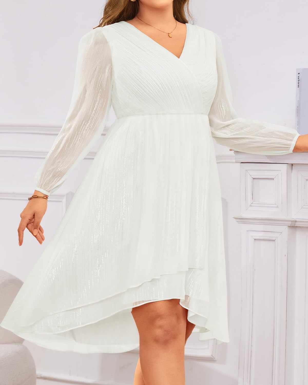 Plus Size Wedding Guest Dress – Formal Long Sleeve A Line V Neck Midi Dress | Formal fall wedding guest dress, cocktail sparkle dress, A-line pleated midi style with long sleeves & V-neck for women.(White)