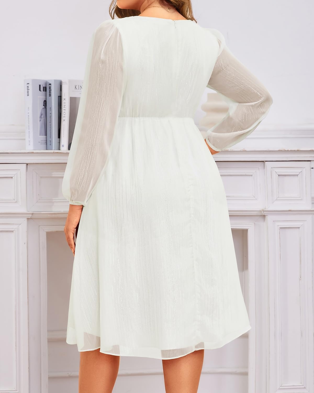 Plus Size Wedding Guest Dress – Formal Long Sleeve A Line V Neck Midi Dress | Formal fall wedding guest dress, cocktail sparkle dress, A-line pleated midi style with long sleeves & V-neck for women.(White)