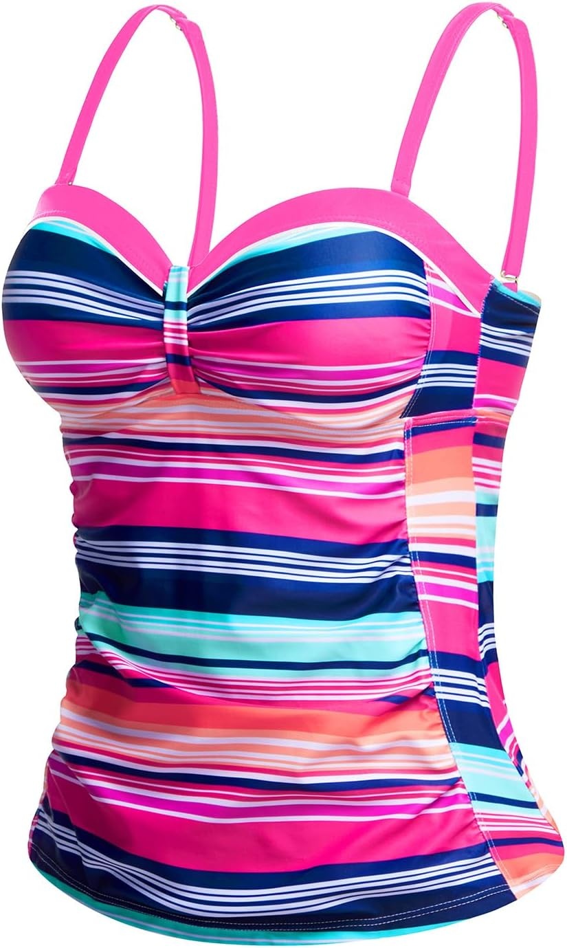 Women’s Underwire Tummy Control Swimsuit Top Push Up Bathing Suit Top(Colorful Striped)